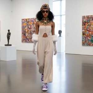 Free People Marbella Cutout Linen Jumpsuit Wide Leg Boho Neutral M